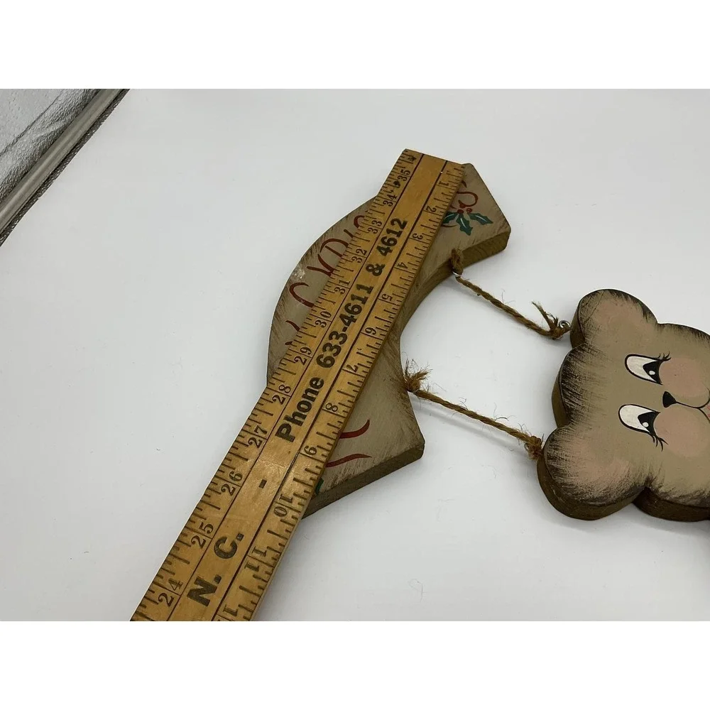 Vintage Handmade Merry Christmas Bear Wood Wall Sign Brown Holiday Decor Plaque